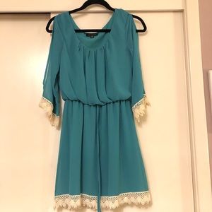 Teal Cold Shoulder Dress with Lace Details